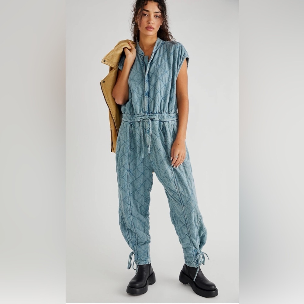 Free People RARE Betty Coverall Embroidered Diamond Pattern Cinched Hem Blue XS